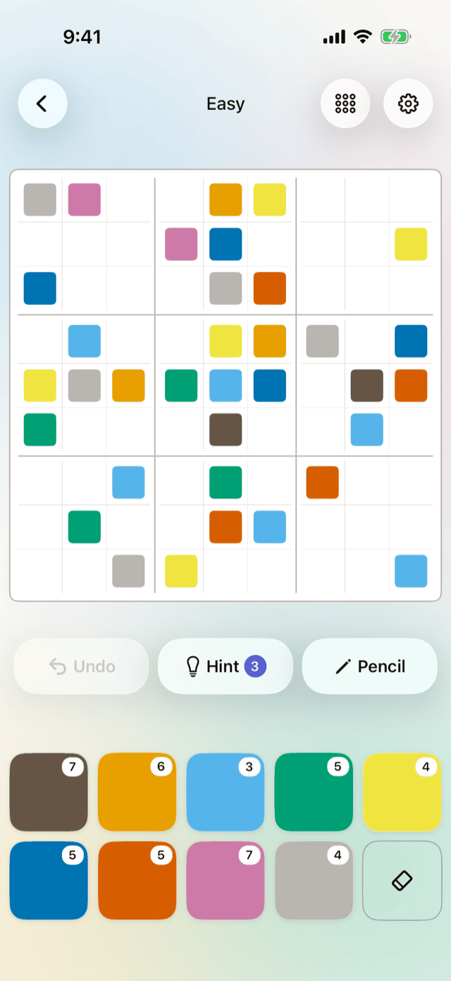 An Aikui board in light mode, filled with the nine colorblind-safe colors.