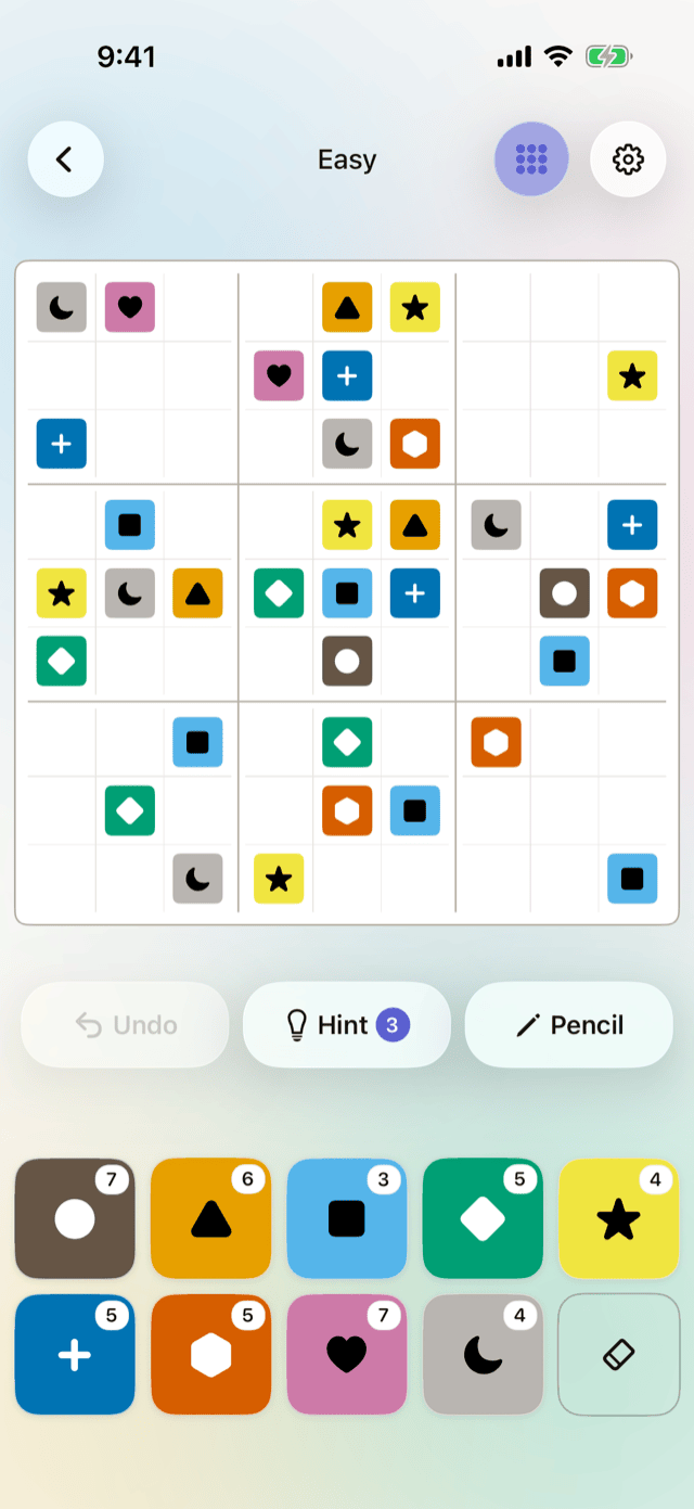 The same board with Pattern Mode on: each color carries its own shape.